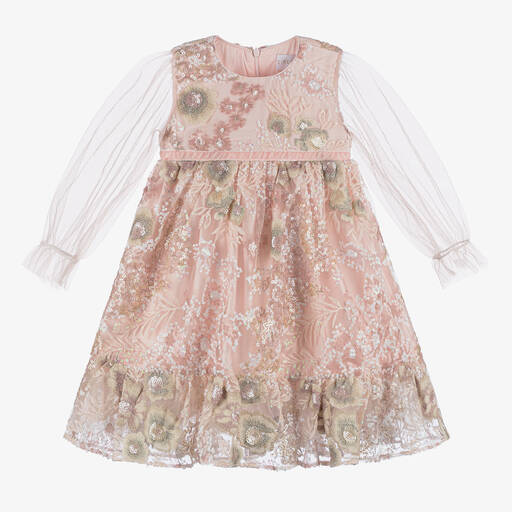 EIRENE-Girls Pink Embroidered Floral Tulle Dress | Childrensalon