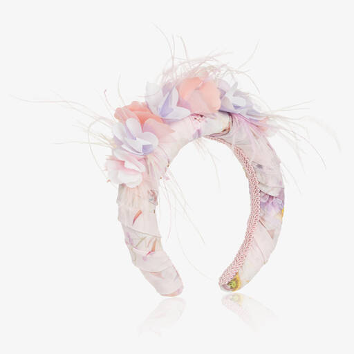 EIRENE-Girls Pink Floral & Feather Hairband | Childrensalon