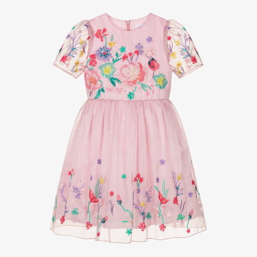 EIRENE-Girls Pink Floral Organza Dress | Childrensalon