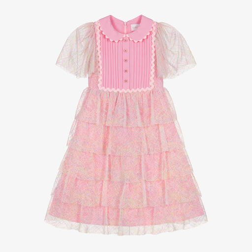 EIRENE-Розовое многоярусное платье с кружевом для девочек | Childrensalon