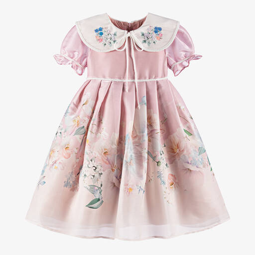 EIRENE-Girls Pink Silky Floral Dress | Childrensalon