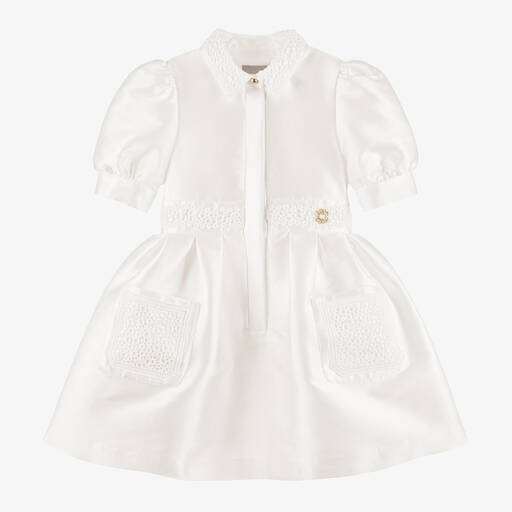 Elie Saab-Girls Ivory Silk Puffed Sleeve Dress | Childrensalon