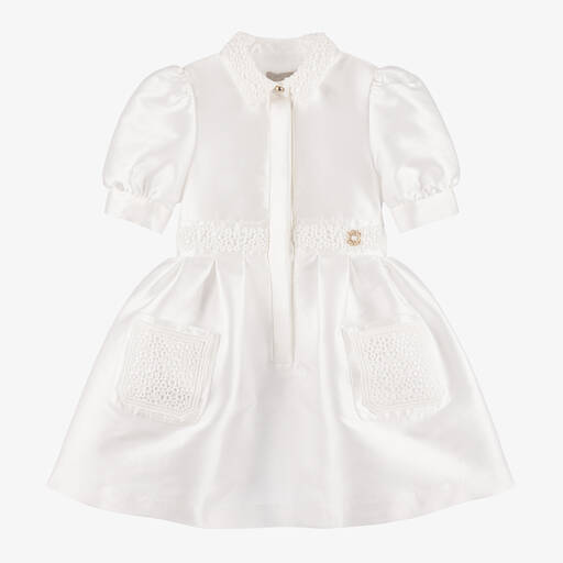 Elie Saab-Girls Ivory Silk Puffed Sleeve Dress | Childrensalon