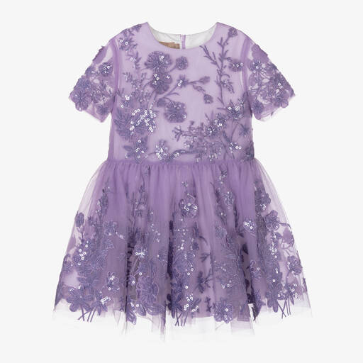 Elie Saab-Girls Lilac Purple Embroidered Tulle Dress  | Childrensalon
