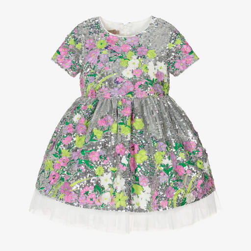 Elie Saab-Girls Silver Floral Sequin Dress | Childrensalon