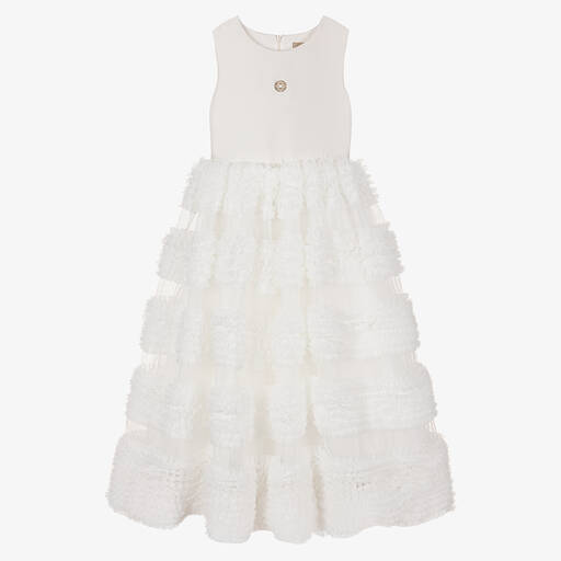 Elie Saab-Teen Girls Ivory & White Tulle Logo Dress | Childrensalon