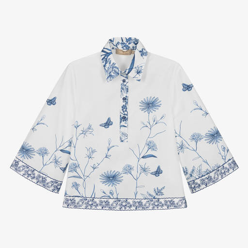Elie Saab-Teen Girls White Floral Embroidered Cotton Shirt | Childrensalon