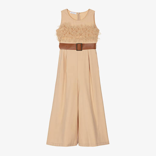 Elsy-Girls Beige Viscose Wide-Leg Jumpsuit | Childrensalon