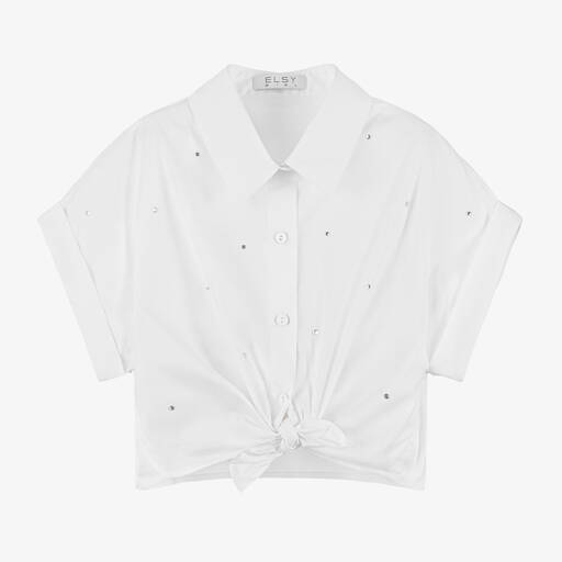 Elsy-قميص مزيج قطن لون أبيض مزين بديامنتي للبنات | Childrensalon