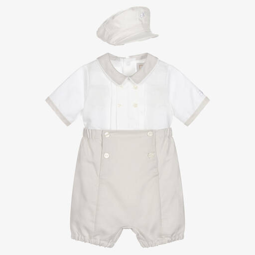 Emile et Rose-Baby Boys Beige Linen & Cotton Buster Suit Set | Childrensalon