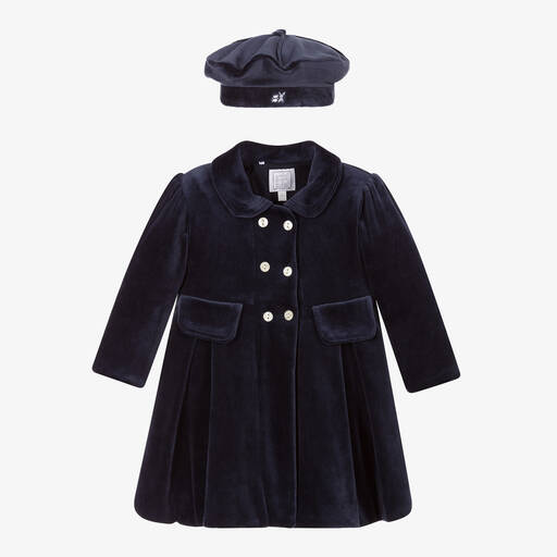 Emile et Rose-Baby Girls Blue Velour Coat & Hat Set | Childrensalon