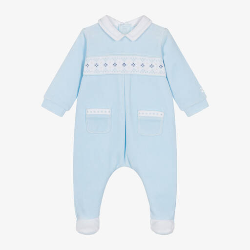 Emile et Rose-Boys Blue Velour Embroidered Babygrow | Childrensalon