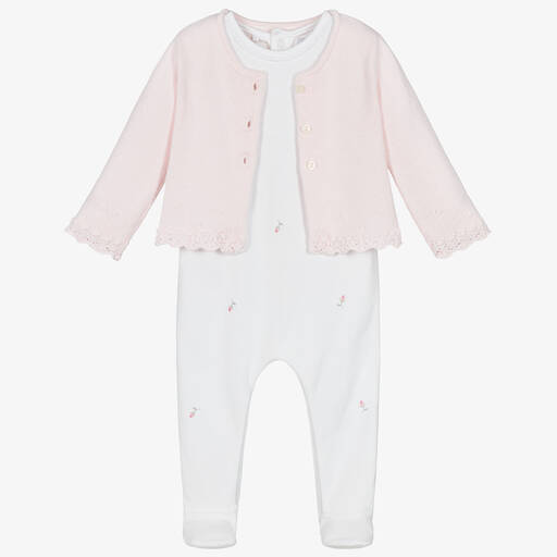 Emile et Rose-Girls White & Pink Cotton Babygrow Set | Childrensalon