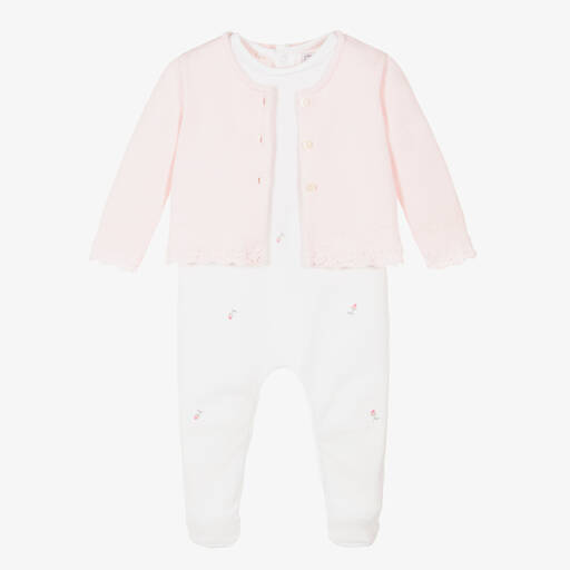 Emile et Rose-Girls White & Pink Cotton Babygrow Set | Childrensalon