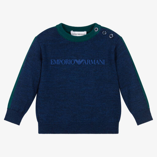 Emporio Armani-Wollpullover mit Logo in Blau und Grün für männliche Babys | Childrensalon