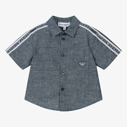 Emporio Armani-Baby Boys Blue Linen & Cotton Taped Shirt | Childrensalon