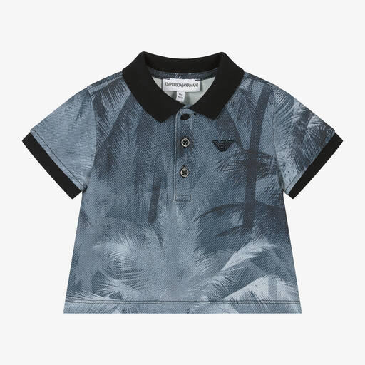 Emporio Armani-Baby Boys Blue Palm Print Polo Shirt | Childrensalon