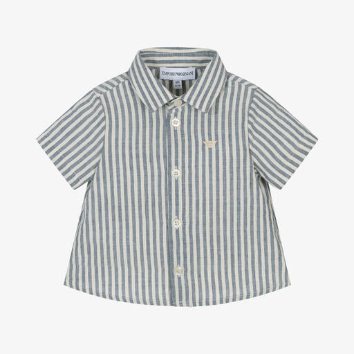Emporio Armani-Baby Boys Blue Striped Cotton Shirt | Childrensalon