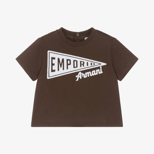 Emporio Armani-Baby Boys Brown Cotton Pennant T-Shirt | Childrensalon