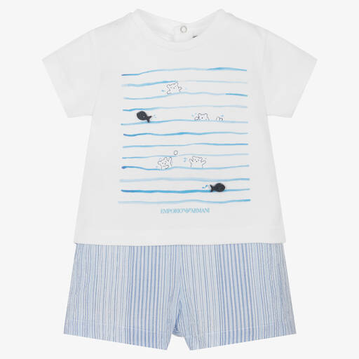 Emporio Armani-Baby Boys White & Blue Logo Shorts Set | Childrensalon