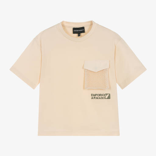 Emporio Armani-Boys Beige Cotton T-Shirt | Childrensalon
