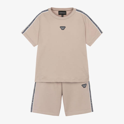 Emporio Armani-Бежевая футболка и шорты из хлопка с лентой | Childrensalon