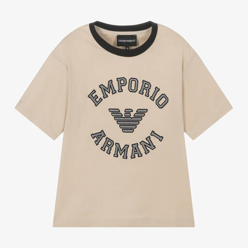Emporio Armani-Boys Beige Eagle Cotton T-Shirt | Childrensalon