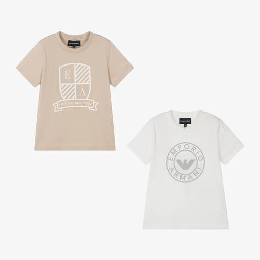 Emporio Armani-Boys Beige & White Cotton T-Shirts (2 Pack) | Childrensalon