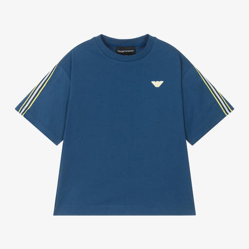 Emporio Armani-Boys Blue Cotton EA Crew T-Shirt | Childrensalon