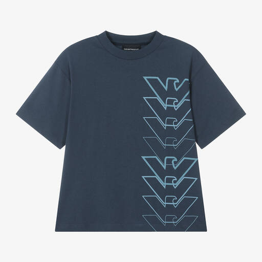 Emporio Armani-Boys Blue Cotton Eagle Logo T-Shirt | Childrensalon