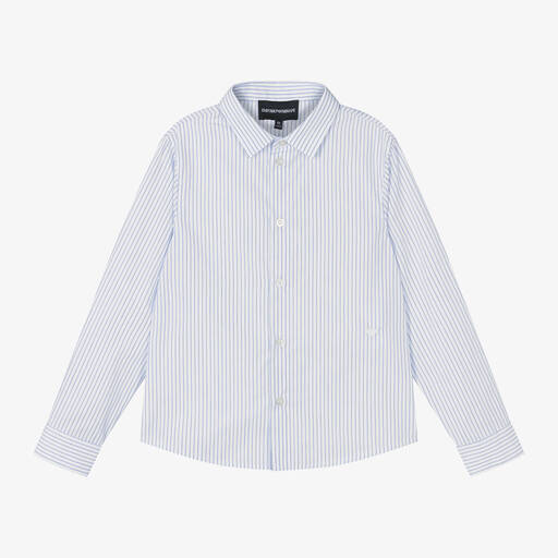 Emporio Armani-Boys Blue Cotton Pinstripe Shirt | Childrensalon