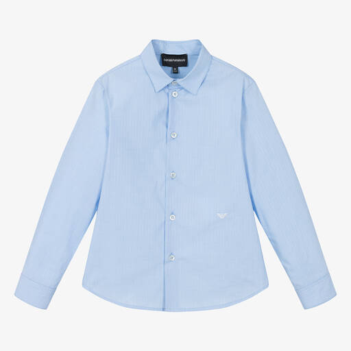 Emporio Armani-قميص قطن مقلم لون أزرق للأولاد | Childrensalon