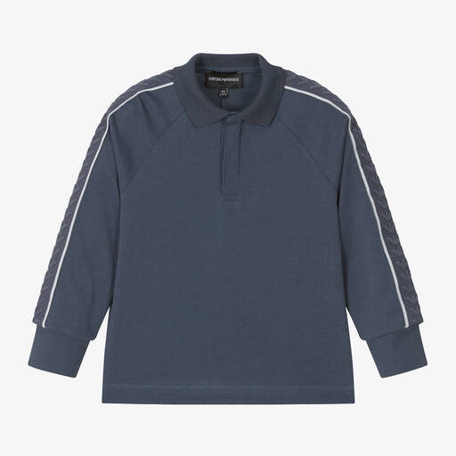 Emporio Armani-Boys Blue Embossed Cotton Polo Shirt | Childrensalon