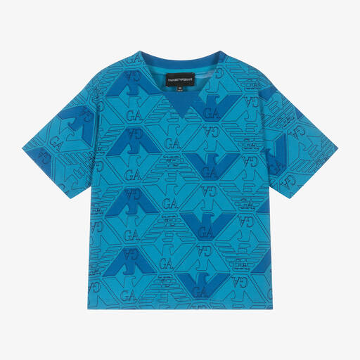 Emporio Armani-Boys Blue Graphic Cotton T-Shirt | Childrensalon