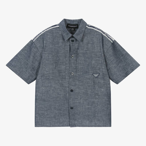 Emporio Armani-Boys Blue Linen & Cotton Taped Shirt | Childrensalon