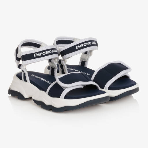 Emporio Armani-Boys Blue Logo Velcro Sandals | Childrensalon