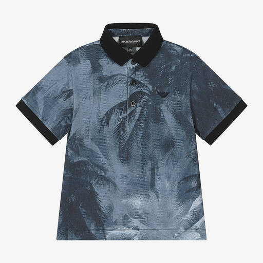 Emporio Armani-Boys Blue Palm Print Polo Shirt | Childrensalon