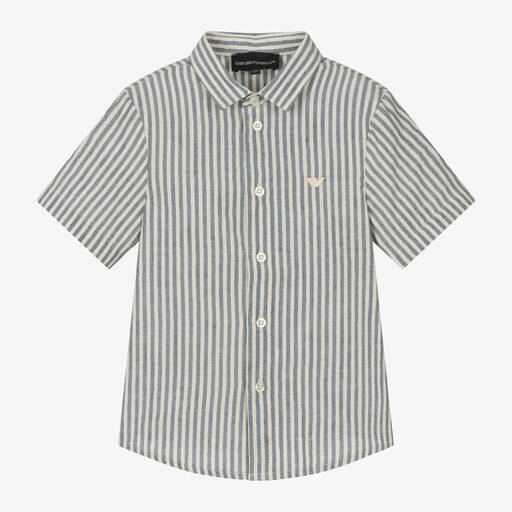 Emporio Armani-Boys Blue Striped Cotton Shirt | Childrensalon