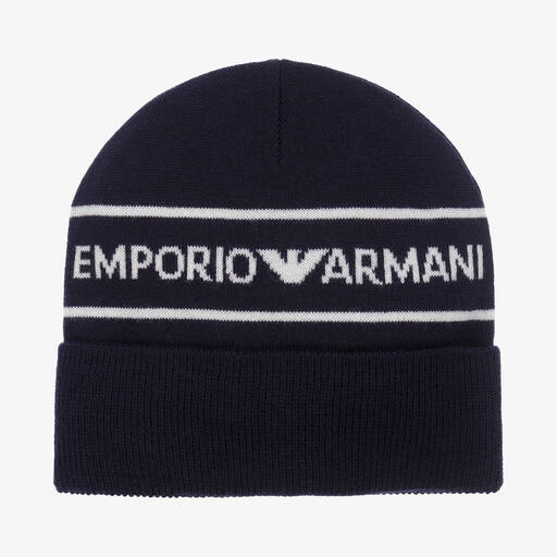 Emporio Armani-Boys Blue Wool Knit Hat | Childrensalon