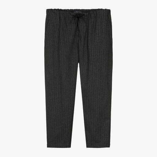 Emporio Armani-Boys Grey Pinstripe Drawstring Trousers | Childrensalon