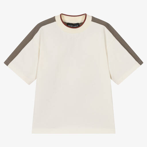 Emporio Armani-Boys Ivory Cotton Colourblock T-Shirt | Childrensalon