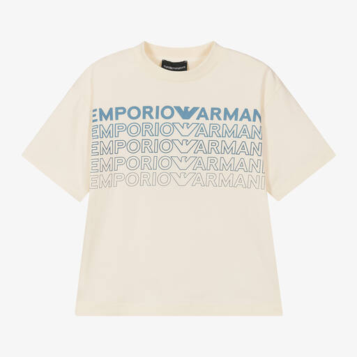 Emporio Armani-تيشيرت بشعار النسر قطن لون عاجي للأولاد | Childrensalon