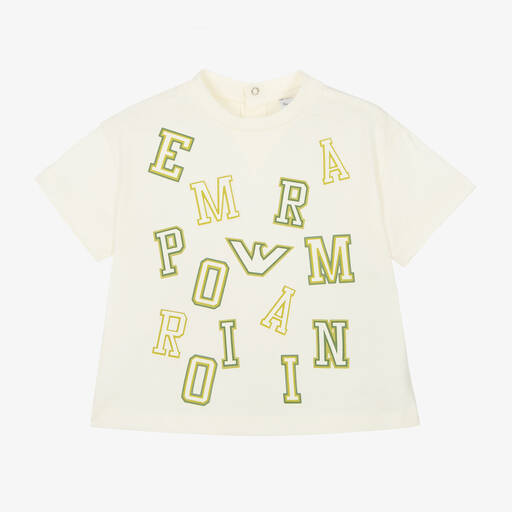 Emporio Armani-Кремовая хлопковая футболка с буквами для мальчиков | Childrensalon