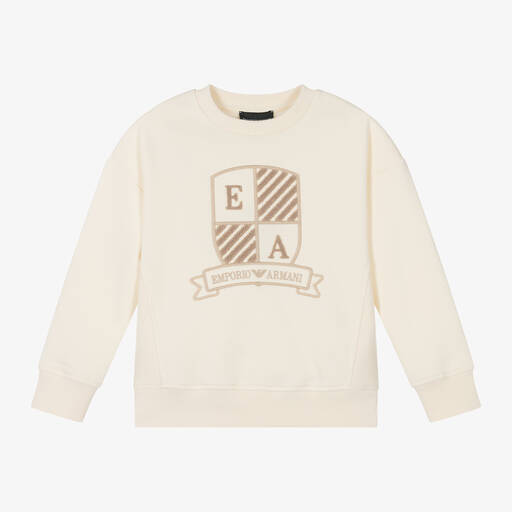 Emporio Armani-Boys Ivory Cotton Varsity Logo Sweatshirt | Childrensalon
