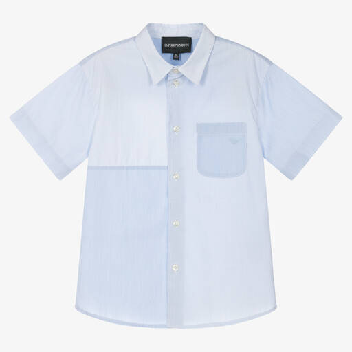 Emporio Armani-Boys Light Blue Cotton Patch Shirt | Childrensalon