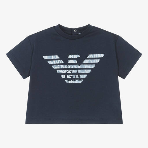 Emporio Armani-Boys Navy Blue Cotton Eagle T-Shirt | Childrensalon