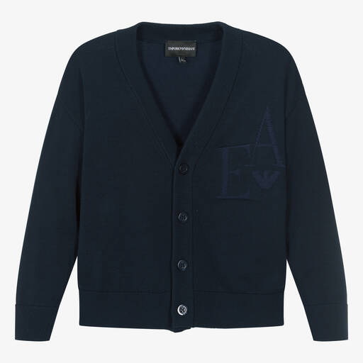 Emporio Armani-Boys Navy Blue Cotton Knit Cardigan  | Childrensalon