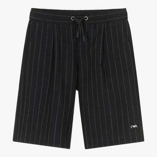Emporio Armani-Boys Navy Blue Pin Stripe Wool Shorts | Childrensalon