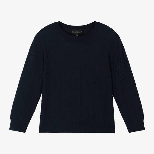 Emporio Armani-Boys Navy Blue Wool Jacquard Sweater | Childrensalon