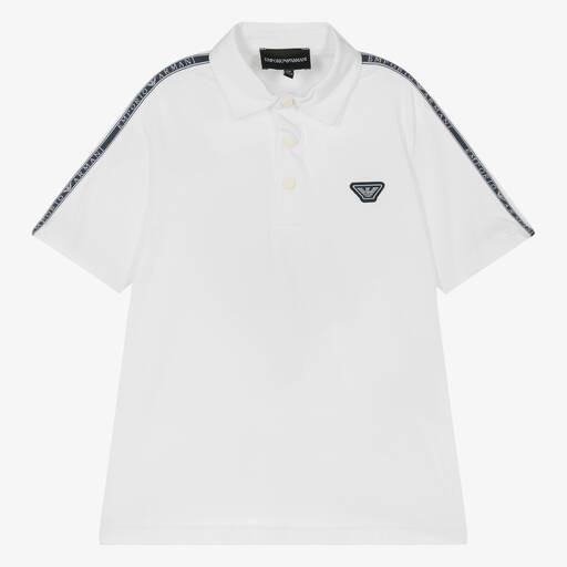 Emporio Armani-Boys White Cotton Taped Polo Shirt | Childrensalon